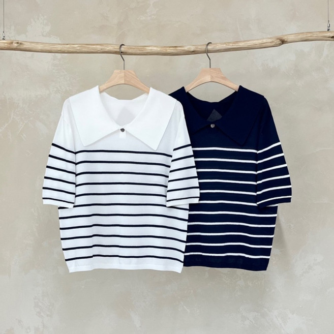 니트코어 여름 데일리 빅사이즈 루즈핏 세일러 카라 단가라 스트라이프 반팔 니트 니트티 티셔츠 반팔티