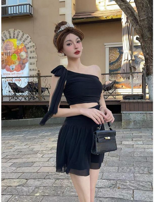 鏤空綁帶掛脖連衣裙 A字裙, 黑色