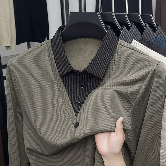 AURALA 남성 루즈핏 셔츠 칼라 긴팔 티셔츠 봄 가을 데일리 카라 긴팔티