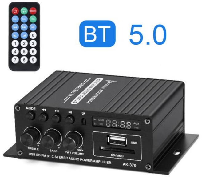 블루투스앰프 AK370 800W 가정용 자동차 전력 증폭기 DC 12V 2 채널 블루투스 5.0 오디오 디지털 앰프 서브 우퍼 스테레오 Hifi 증폭기, 01 AK370 800W, 01 CHINA, 03 AK370 400W_01 CHINA