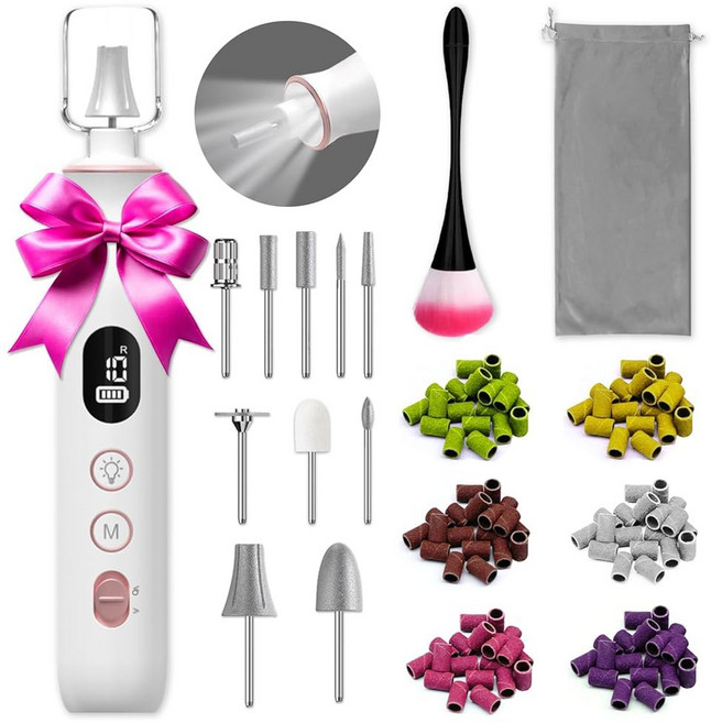 무선 전기 네일 파일 세트 LED 조명이 포함된 10스피드 프로페셔널 매니큐어 페디큐어 키트 천연 및 아크릴 네일용 휴대용 드릴 사람 반려동물 두꺼운 발톱 120 샌딩 밴드, White, 1개