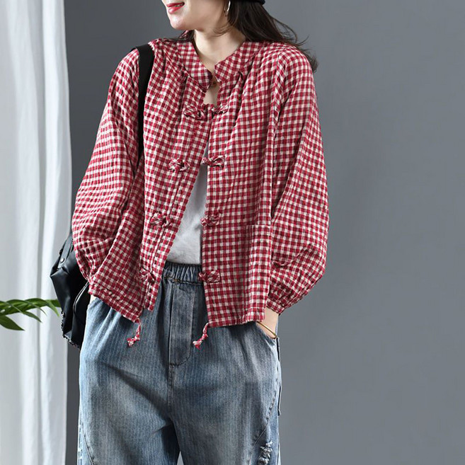 지고다그 한복 스타일 단추 체크 셔츠 여성용 봄 간절기용 린넨 블라우스 자켓 겸용 ZXC41877
