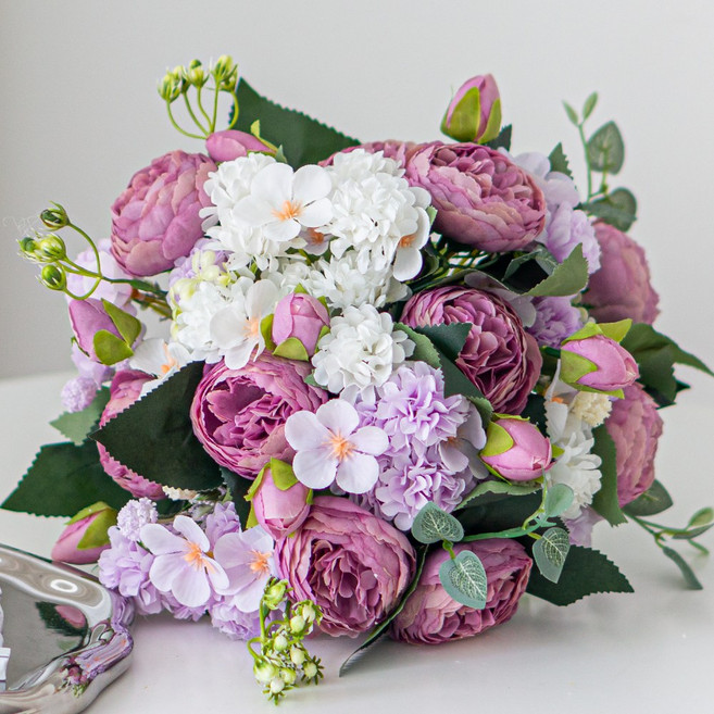 화예원 생화같은 조화 꽃다발 웨딩 부케 성묘꽃, 중형 퍼플 꽃다발, 1개