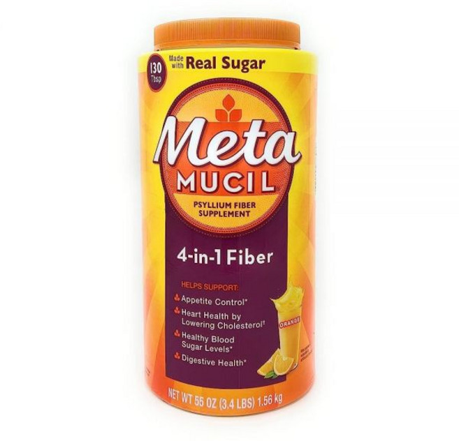 Metamucil Fiber 4-in-1 차전자피 섬유 보충제 파우더 진짜 설탕 함유 오렌지 (1.5kg(52온스), 1.5kg, 1개