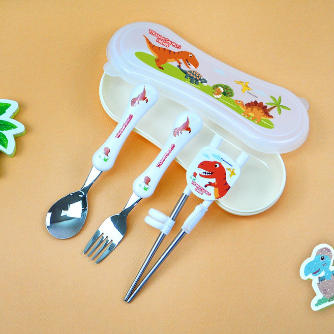 키친유 티라노 공룡 국내생산 스텐 304 스푼 포크 1단계 교정 젓가락 수저 케이스 세트 연습용 아동용 유아 숟가락, 1개, 스푼1p+포크1p+젓가락1p+케이스1p, 혼합