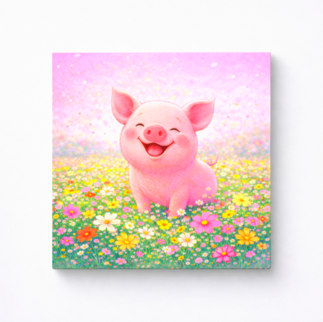 백앤아트 미소 심쿵 빵글 행운 핑크 복돼지 그림 캔버스 액자 꽃밭 풍수 인테리어 거실 액자, 03 빵글 복돼지 포스터만