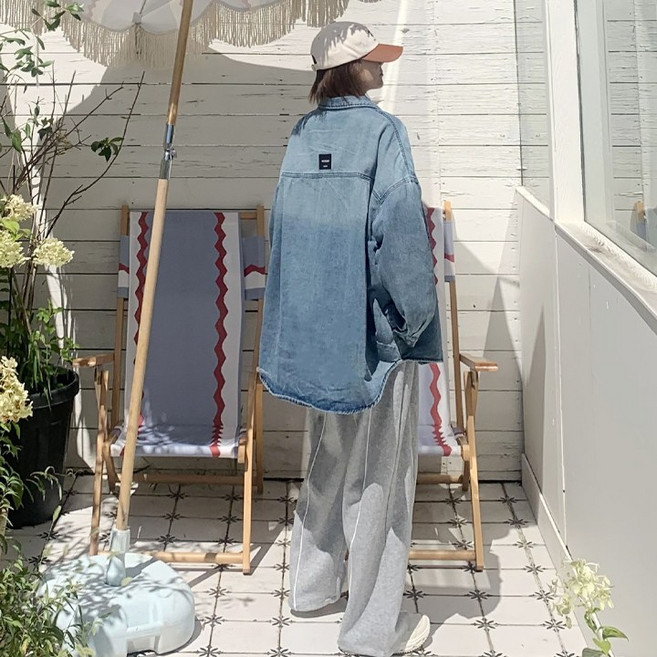 애플망고옷장 오버핏 긴팔 패치박시 여성 청자켓남방 빅사이즈 데님 셔츠