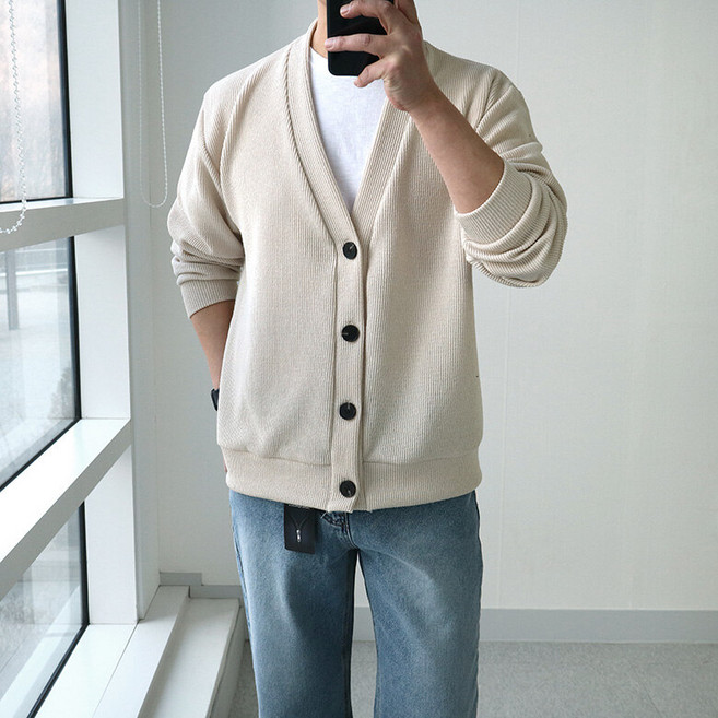 맨즈북 봄 빅사이즈 V넥 남자 루즈핏 가디건 니트 캐주얼룩