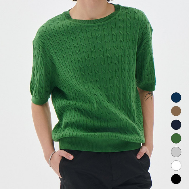 트래드클럽 남자 케이블 라운드 사계절 반팔 니트 티셔츠 (7컬러 M~5XL)