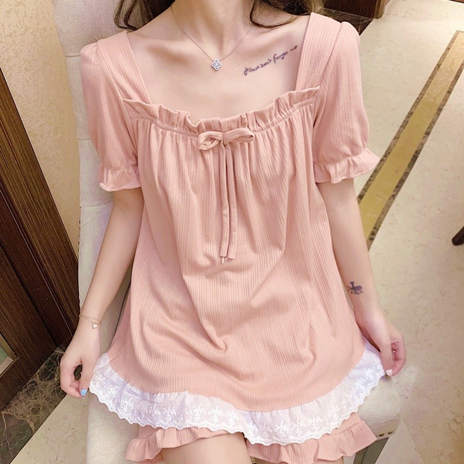 女生睡衣套裝 舒適透氣棉質兩件套 簡約純色蕾絲邊夏季薄款家居服