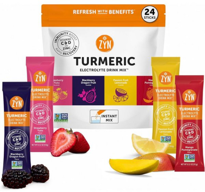 ZYN Electrolyte Drink Mix Hydration Packets Electrolytes Powder Hydration Packets w/Turmeric Cur, Best Seller's Variety Pack, 24 Count (Pack of 1)