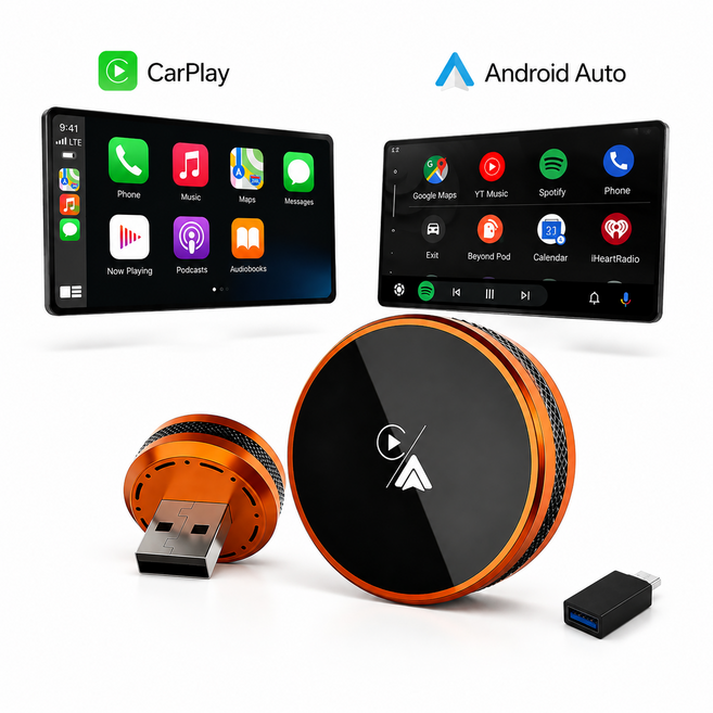 무선 CarPlay Android Auto 어댑터 2in1 초소형 자동연결 블루투스 5.2 WiFi 듀얼밴드 iOS 안드로이드 호환 차량 순정제어 유지, 에너지 오렌지, 0319CA30