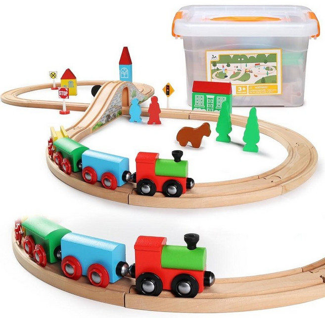 SainSmart Jr. 유아용 나무 기차 세트 양면 기차 트랙이 있는 Brio Thomas Melissa 및 Doug에 적합 만 3 4 5세 남아 및 여아용 아동용, Small Town with Container
