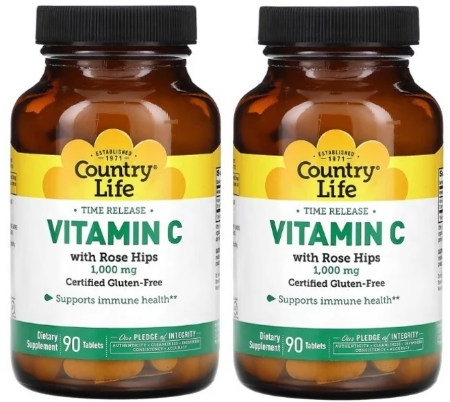 컨트리라이프 로즈힙이 함유된 서방형 비타민C 글루텐프리 1000mg 90정 2개 - 쿠팡
