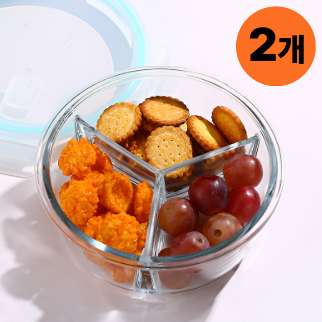 일상쏙 전자레인지 내열 유리 3칸 밀폐 나눔 반찬통, 950ml 3칸 나눔반찬통, 2개