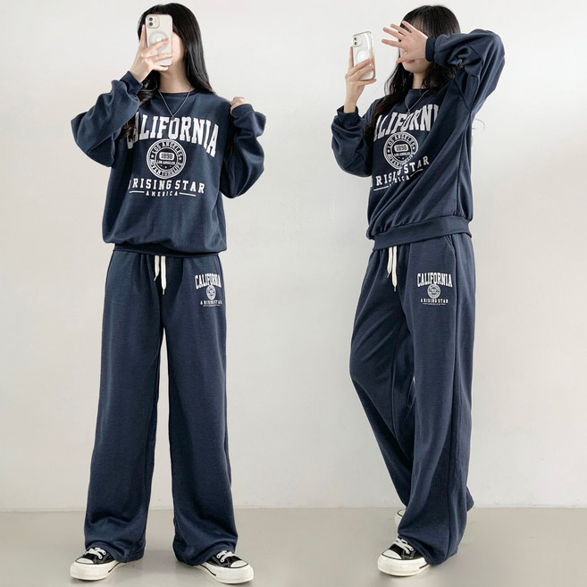 제이앤썸 레터링 오버핏 맨투맨 와이드 일자 밴딩 팬츠 트레이닝 세트 상의 하의 셋업 투피스