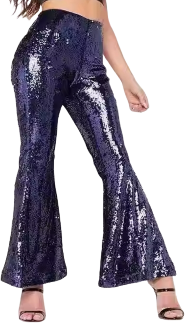 스팽글 반짝이 디스코 나팔 바지 무대 댄스 파티 화려한 글리터 팬츠 하이웨이스트 클럽룩 70년대 복고풍 빈티지 패션