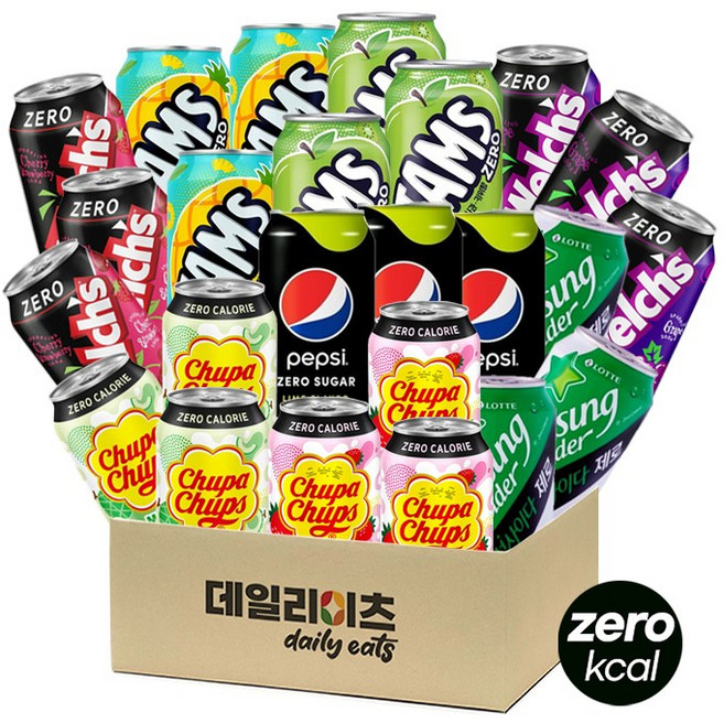 [데일리이츠] 제로칼로리 탄산 캔음료수 8종류 24캔(펩시제로3+사이다제로3+웰치제로{포도3+체리스트로베리3}+츄파춥스제로(딸기밀크3+멜론밀크3}+탐스제로{사과키위3+파인애플3}), 1세트, 355ml