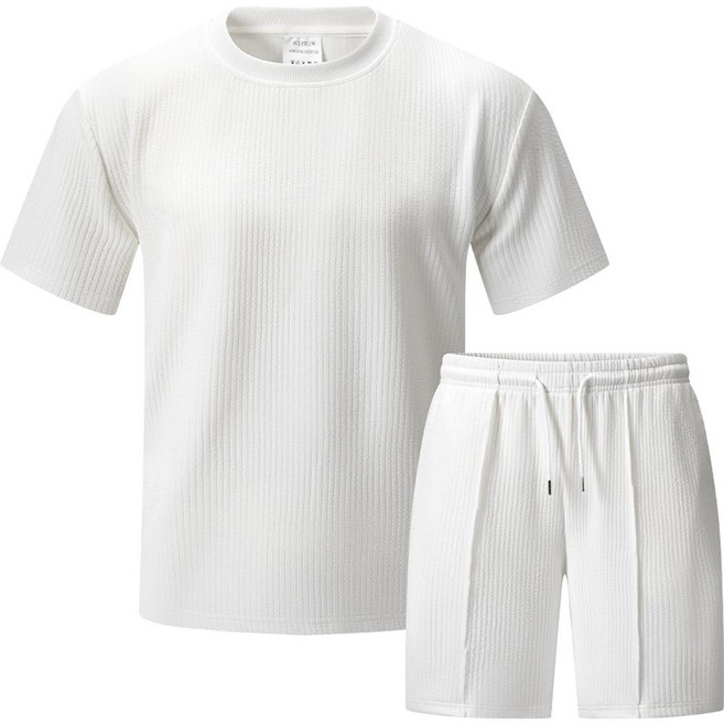 HiKee 오버핏 남성 여름 세로줄 질감 니트 반팔티 반바지 데일리 운동복 상하세트