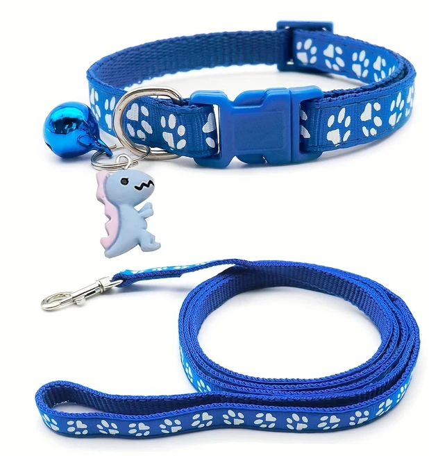 귀여운 만화 고양이 발자국 목줄 & 리드줄 세트 1개 강아지용 벨 포함 배터리, 01 19-23cm, 05 Blue2