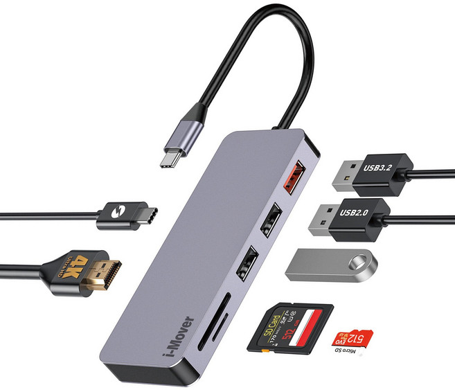 아이무버 7IN1 USB C 허브 맥북 노트북 태블릿 4K HDMI PD 고속충전 멀티허브, 1개, 그레이