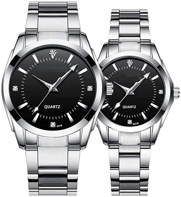 커플 시계 패션 실버 스테인리스 스틸 페어 시계 남성과 여성 매칭 쿼츠 손목 시계 선물 2개 세트 실버 블랙. 쿼츠 시계