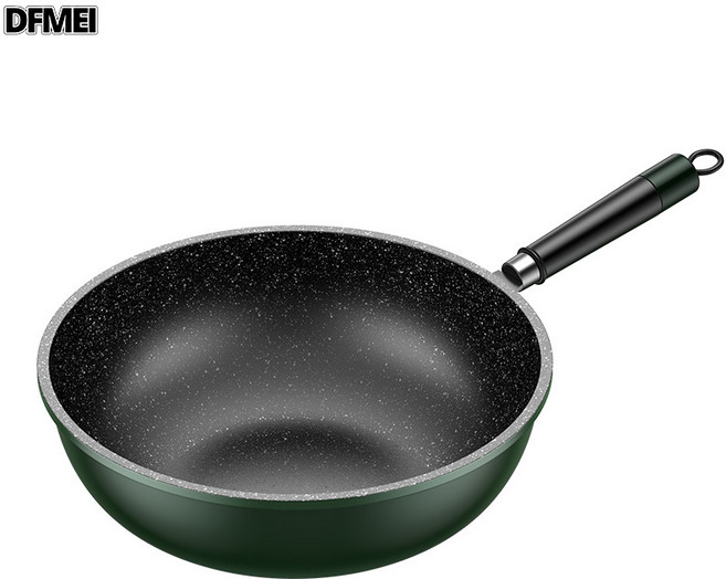 DFMEI 麥飯石不粘鍋家用炒菜鍋加厚一體鑄平底鍋通用爐竈熟鐵鍋, 1個, 墨綠色-28cm-炒鍋無蓋, 如圖