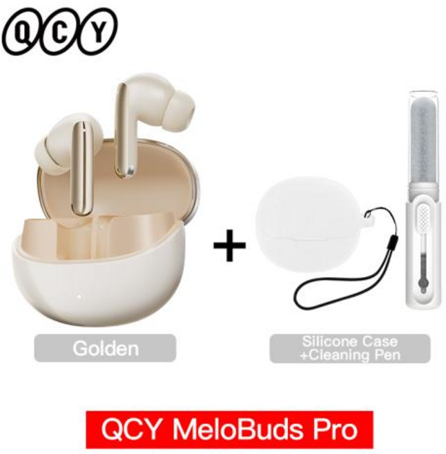 QCY 멜로버즈 프로 ANC 블루투스5.3 무선이어폰 46dB 하이브리드 노이즈캔슬링 LDAC 고해상도 6마이크 34시간 재생 터치감지 충전케이스 포함, CHINA, Golden with Case Pen