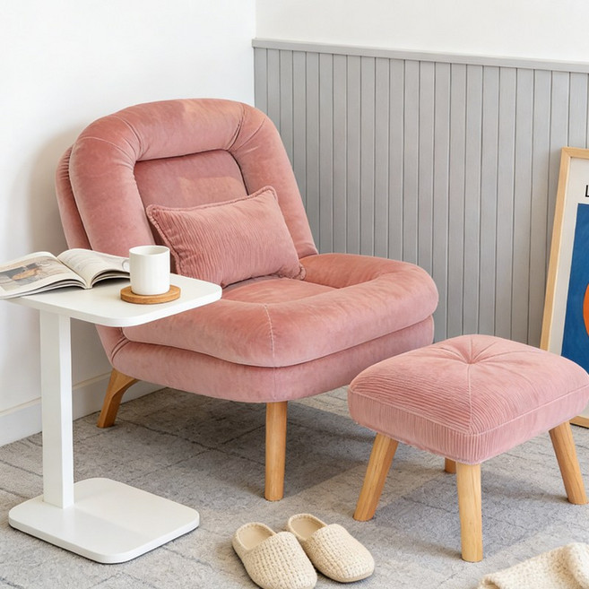 1인 리클라이너 소파 체어 인테리어 의자 발판포함, 핑크