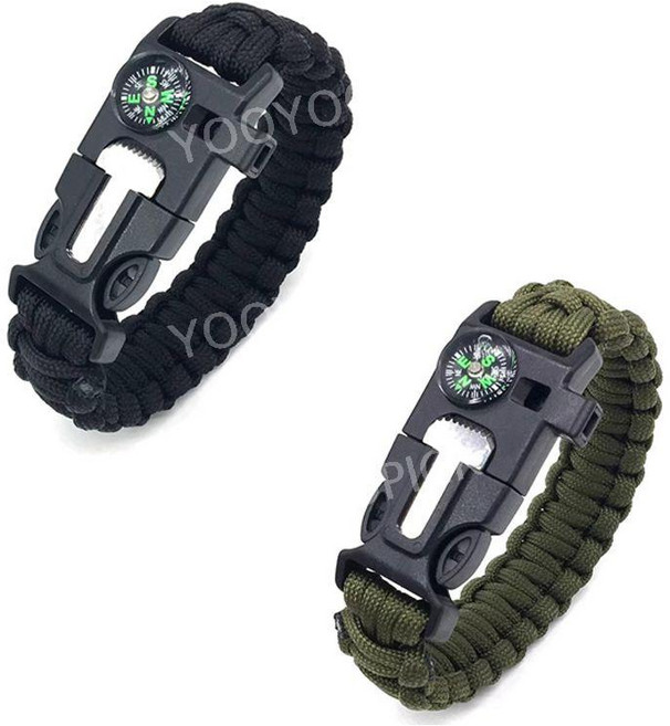 파라코드 생존 팔찌 나침반 파이어스타터 호루라기 캠핑 등산 서바이벌 장비 생존팔찌, 검정 1개+군용 녹색 1개, 1개