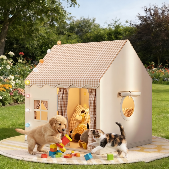 스타일닥터 포근 하우스 실내 텐트 놀이집 격자 무늬 튼튼한 철제 프레임 북유럽 인스타 감성 플레이 하우스 세탁 가능, 1, 베이지