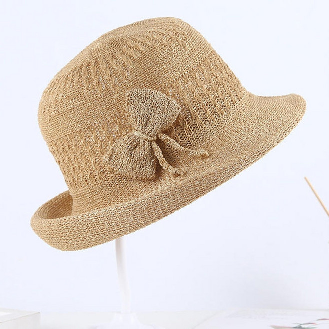 봄 여름 가을 예쁜 여성중년모자 메쉬 페도라형 성인모자 볼륨챙리본 여자 버킷햇 JUN팩토리, 카멜