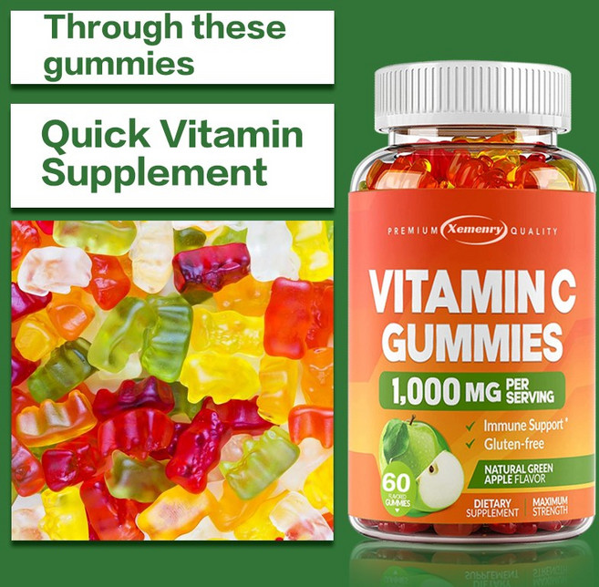 성인 및 어린이용 비타민 C 구미 1000mg - 면역력 및 콜라겐 생성에 도움을 주는 고함량 츄어블 - 새콤달콤한 청사과맛 - 글루텐 프리 Non-GMO 채식주의자용, 1개, 60정