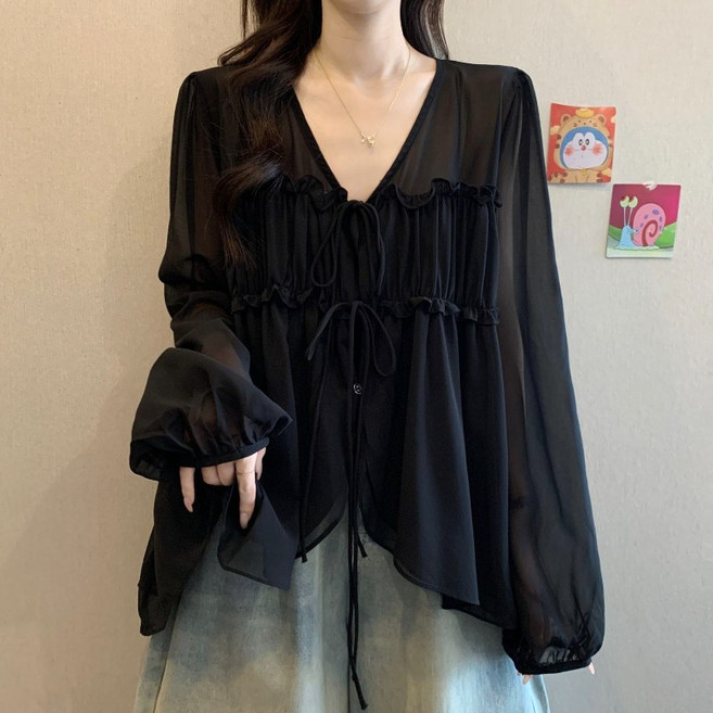 COSYEVNO 브이넥 쉬폰 셔츠 리본 프릴 빅사이즈 루즈핏 봄여름 여성 블라우스