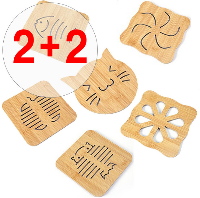 [4개 1세트 묶음] (원목 냄비받침 2P+2P) 나무 냄비 받침대 4개 묶음 우드 냄비냄침 트레이 컵 받침, 브라운, 사과[2P], 꽃[2P]
