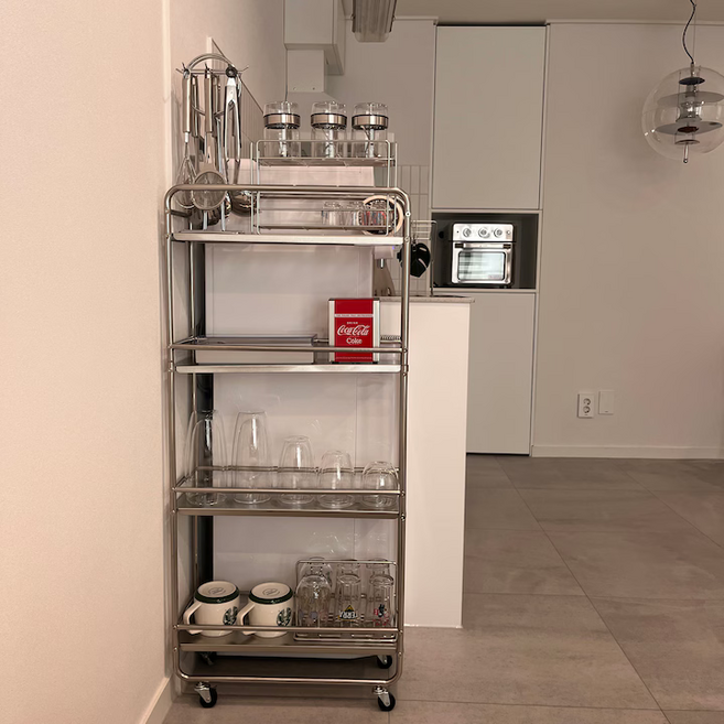 민도레 이동식 4단 스테인레스 모던 트롤리 대형 틈새 선반, 스테인리스 4단 25cm - (일반)검정바퀴