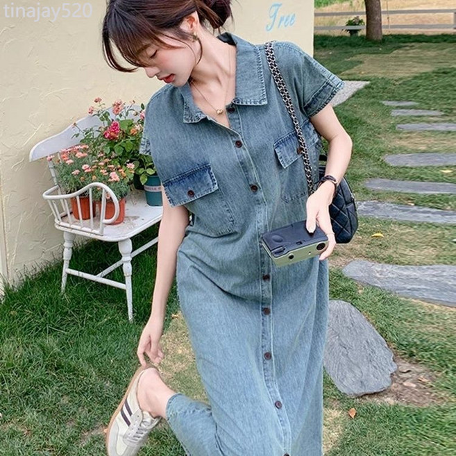 薄款牛仔襯衫連衣裙 女 夏季 韓系 休閒 直筒長裙, 圖片色,M, 圖片色