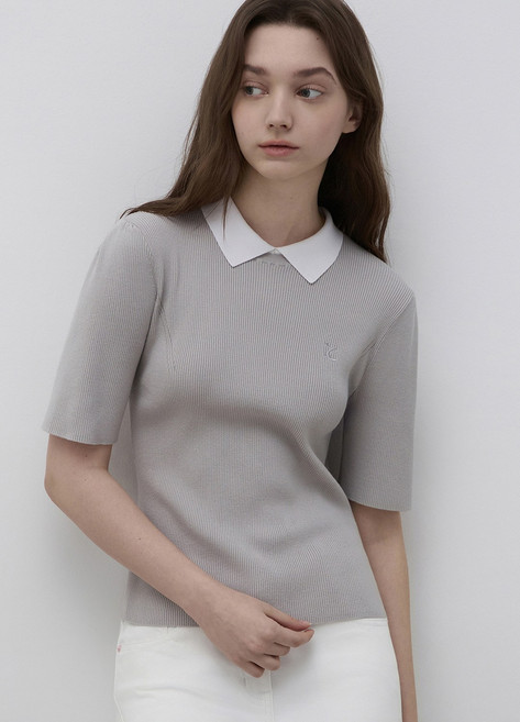 잇미샤 잇미샤 배색 카라 하프슬리브 니트(ITQ3YPO840)_DG