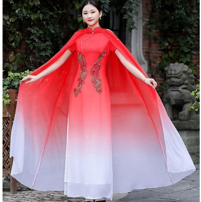 奧黛旗袍 長款越南改良連衣裙 中式禮儀改良日常隊服, 紅色,2XL