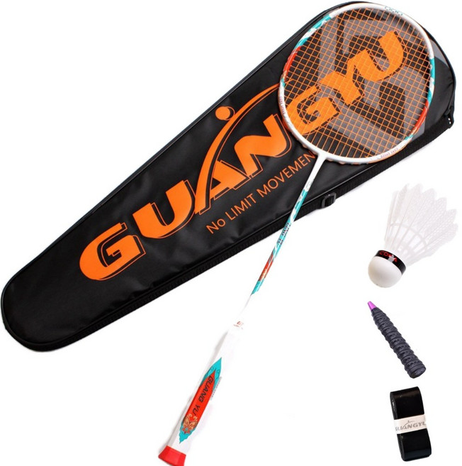 초보자용 풀카본 초경량 8U 64g 배드민턴 라켓 1P+가방1+그립1+라켓 보호 테이프1+셔틀콕1, 1개, 오렌지+화이트