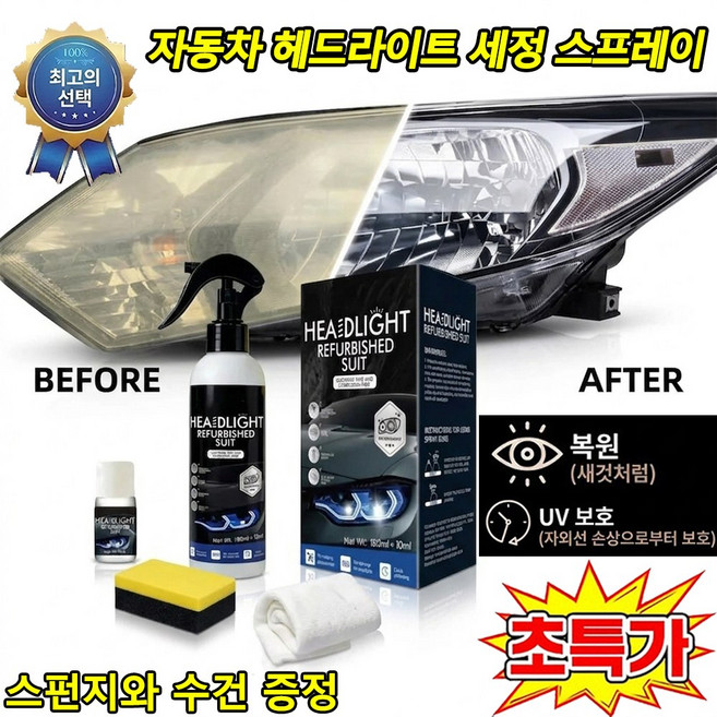자동차 헤드라이트 세정 스프레이 자동차 오토바이 전조등 복원 키트 황변 복원제 제 야간 시인성 대폭 향상, 1개, 120ml