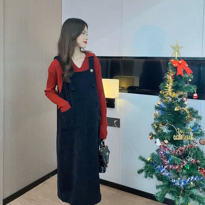 봄 가을 임산부 세트 캐주얼 임부복 루즈핏 터틀넥 긴팔티 + 멜빵 원피스 투피스 세트 기질 임부옷 WXY