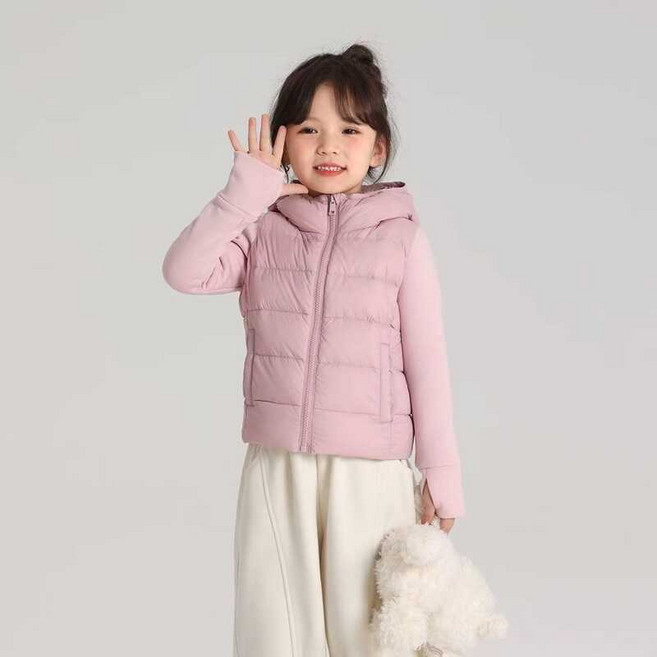 女童冬季外套 連帽口袋羽絨服 拼接連帽羽絨棉服外套 兒童棉衣輕薄保暖棉襖 90-160cm