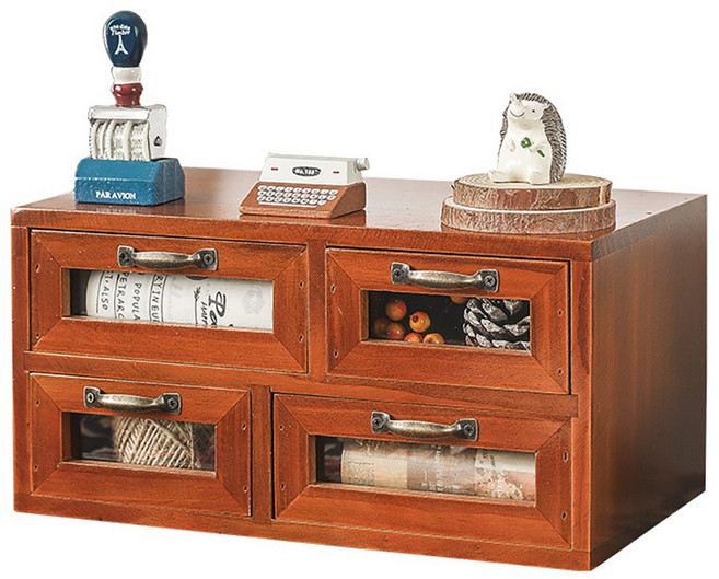 미드센추리 월넛풍 4칸 미니 원목 서랍장 앤틱 굿즈 쇼케이스, 2단