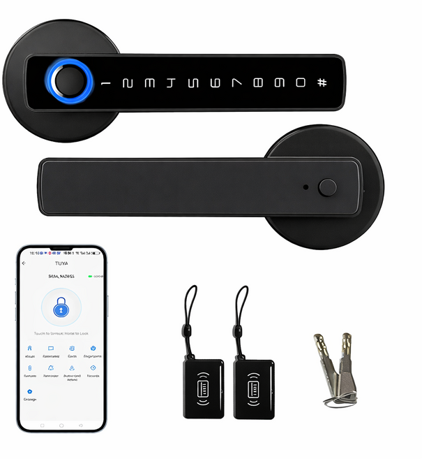무타공 스마트 현관문 손잡이 도어락 지문인식 번호키 블루투스 앱 연동 비밀번호 일체형 고객직접설치, 블랙