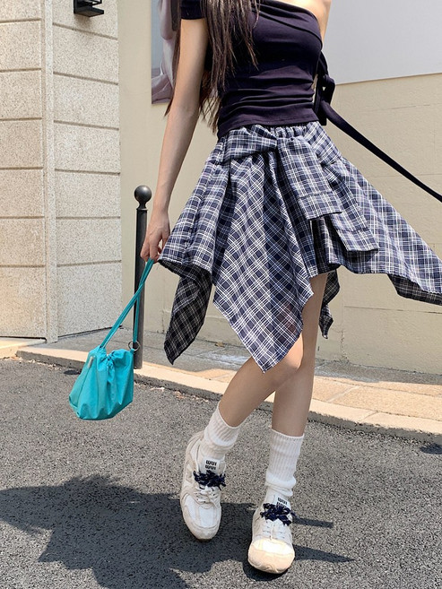DIU 復古辣妹風設計感格紋綁帶半身裙女裝夏季高腰A字裙短裙