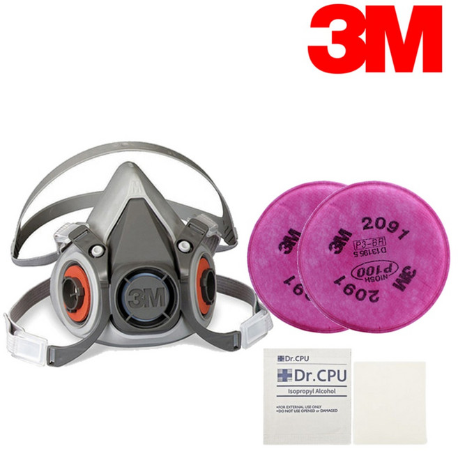 3M 방진마스크 방독마스크 6200 + 2091K 면체마스크 소독용 알콜솜 2매, 1세트, 그레이계열