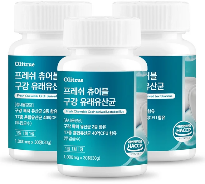 올리트루 프레시 츄어블 구강 유래유산균 식약처인증, 3개, 30정 - 쿠팡
