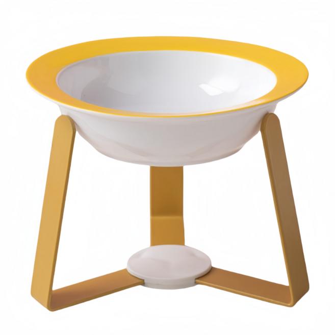 반려동물용품 스탠드형 도자기 고양이 밥그릇+거치 애견밥그릇 식기세트, 노랑색+골드, 1개