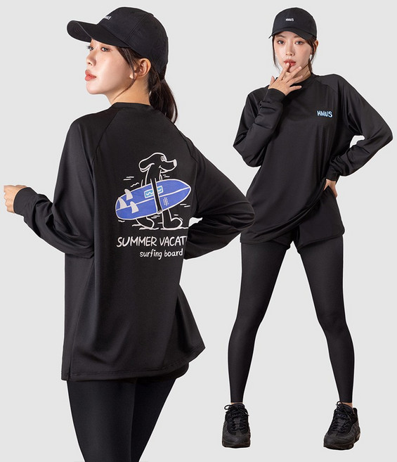 여자 루즈핏 래쉬가드 상의 + 반바지 레깅스 하의 수영복 비치웨어 세트